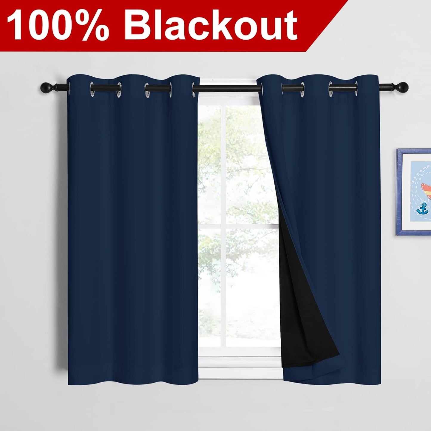 NICETOWN Navy 100% Blackout Curtains 45 inch Long 2 Panels Set, Thermal Insulated 2-Layer Lined Drapes, Energy Efficiency Small Window Draperies for Dining Room (42 inches W by 45 inches L)