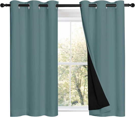 NICETOWN Greyish Blue 100% Blackout Curtains 45 inches Long, 2 Thick Layers Completely Blackout Window Treatment Thermal Insulated Lined Drapes for Small Window (1 Pair, 42 inches Width Each Panel)