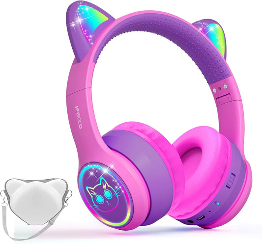 IFECCO Wireless Kids Headphones with Microphone,Foldable Cute Light Up Cat Ear Children Girls Bluetooth Headphones with Case for School Gifts Travel
