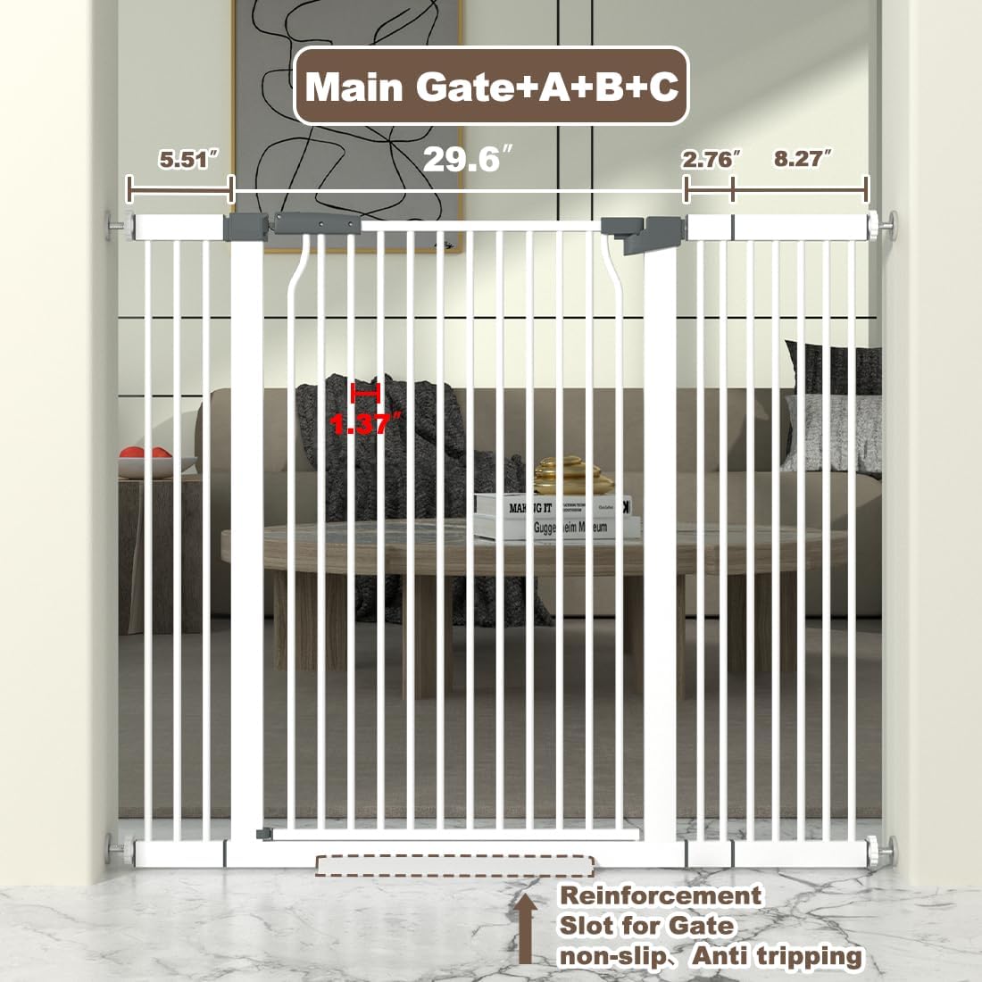 41" Extra Tall Cat Gate for Doorway, 40.6-49.1'' Metal Pet Baby Safe Gate, Extra Wide Pressure Mounted Child Door with Expansion Kit, No Drilling Cat Fence Indoor, Tall Dog Gate, White