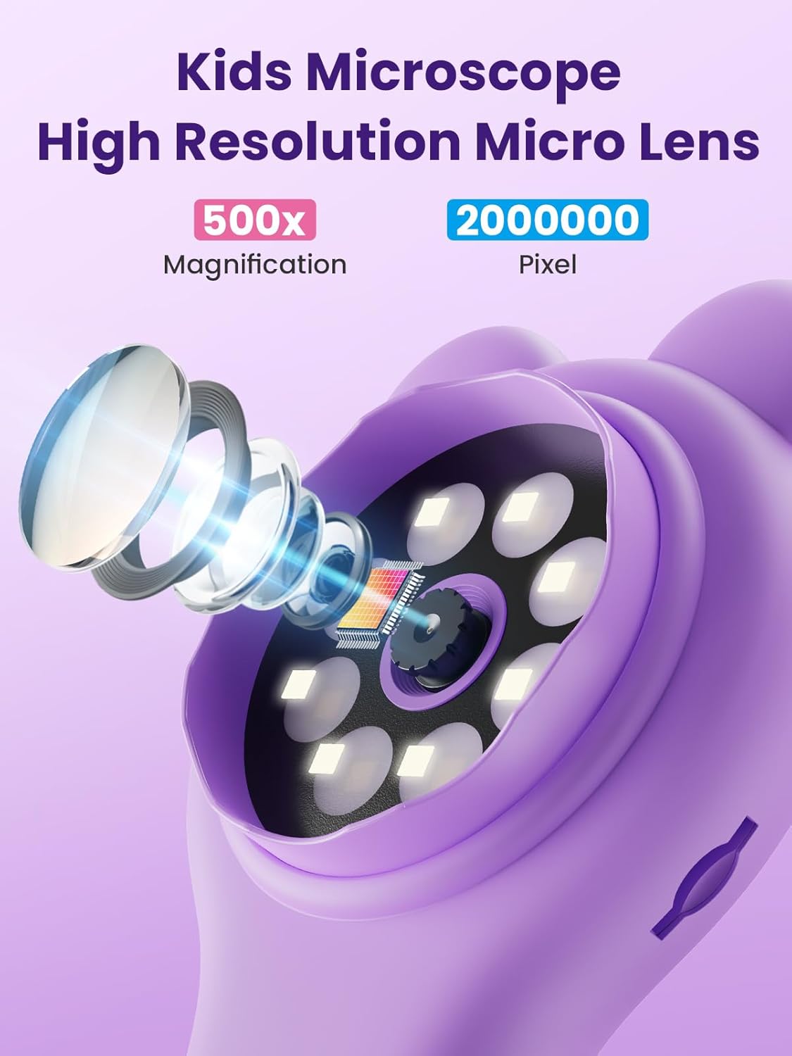 Microscope for Kids, 2 Inch Digital Microscope with 500X Magnifying Glass, 4× Zoom Handheld Camera Mini Pocket Magnification, Educational Science Toys for Ages 3+, Purple