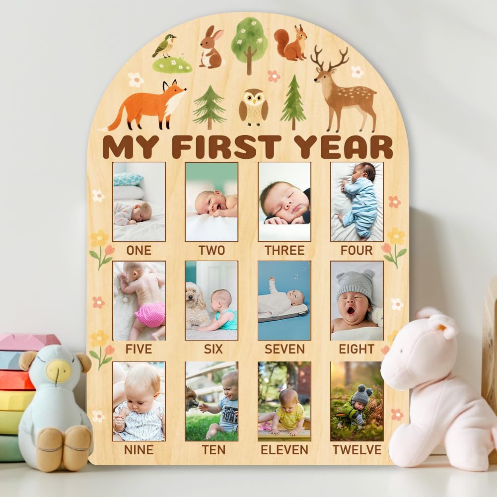ORIGACH My First Year Baby Growth Photo Display Wood Board - 12 Months Newborn Milestones Photo Board - Neutral Baby Keepsake Board 1st Birthday Party Nursery Decor - Forest Animal & Flower