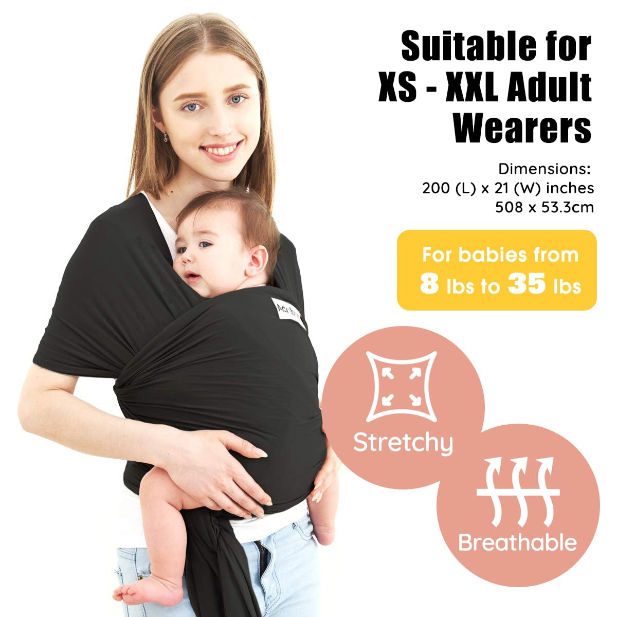 Acrabros Baby Wrap Carrier,Hands Free Baby Carrier Sling,Lightweight,Breathable,Softness,Perfect for Newborn Infants and Babies Shower Gift,Black