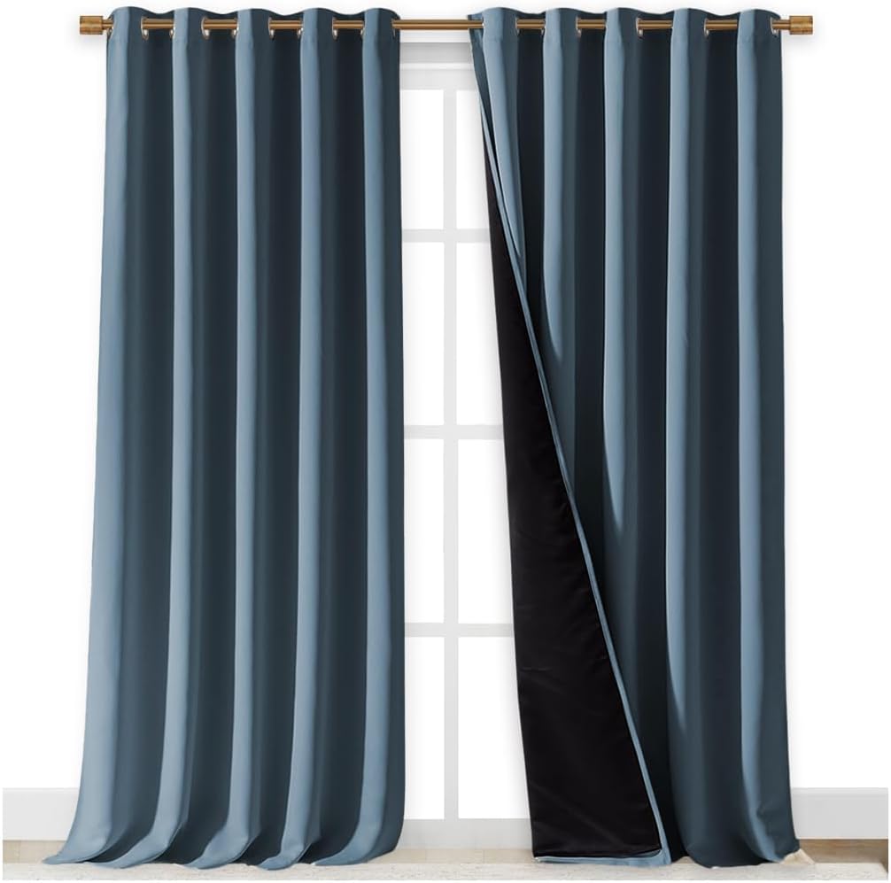 NICETOWN 100% Blackout Curtains for Windows, Pack of 2, 70" W x 108" L, Smoky Blue, Super Heavy-Duty Black Lined Total Darkness Drapes for Bedroom, Privacy Assured Window Treatment for Patio