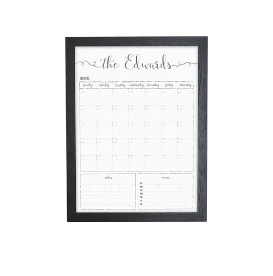 Customized Dry Erase Whiteboard Framed Calendar, Wet Erase or Dry Erase calendar for wall, 18x24 or 24x36 Wall Calendar, Monthly Calendar, Family Name Calendar