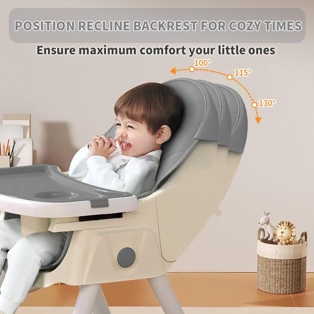 High Chairs for Babies and Toddlers, 4 in 1 Convertible Baby High Chair, Portable High Chair for Travel with Adjustable Height and Back, Foldable HighChair with Wheels& Pu Cushion (Grey)