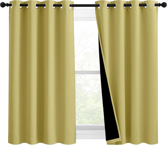 NICETOWN 100% Blackout Curtains with Black Liners, Solid Thermal Insulated Full Blackout 2-Layer Lined Drapes, Energy Efficiency Window Draperies for Bedroom (2 Panels, 46" W by 54" L, Paler Yellow)