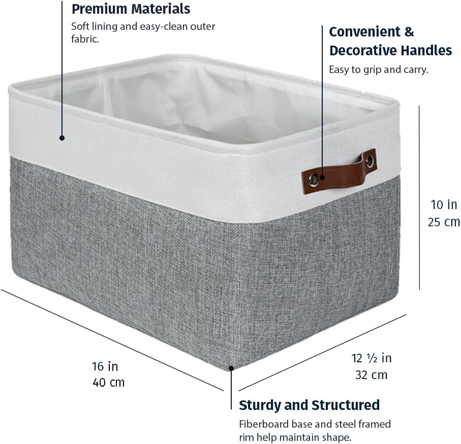 OrganiHaus Extra Large Fabric Storage Baskets for Shelves 3 Pack | 16x13in Closet Storage Bins for Shelves | Cloth Baskets for Organizing | Linen Closet Organizers | Fabric Storage Bin - Gray/White