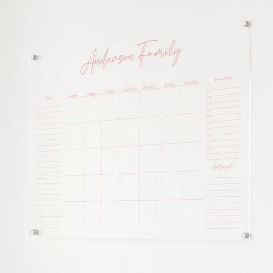 Personalized Clear Acrylic Calendar for Wall, Calendar Whiteboard for Wall, Dry Erase Wall Calendar, Wall Calendar Organizer System for Home (Cursive, Blush, 38"W x 26"H)