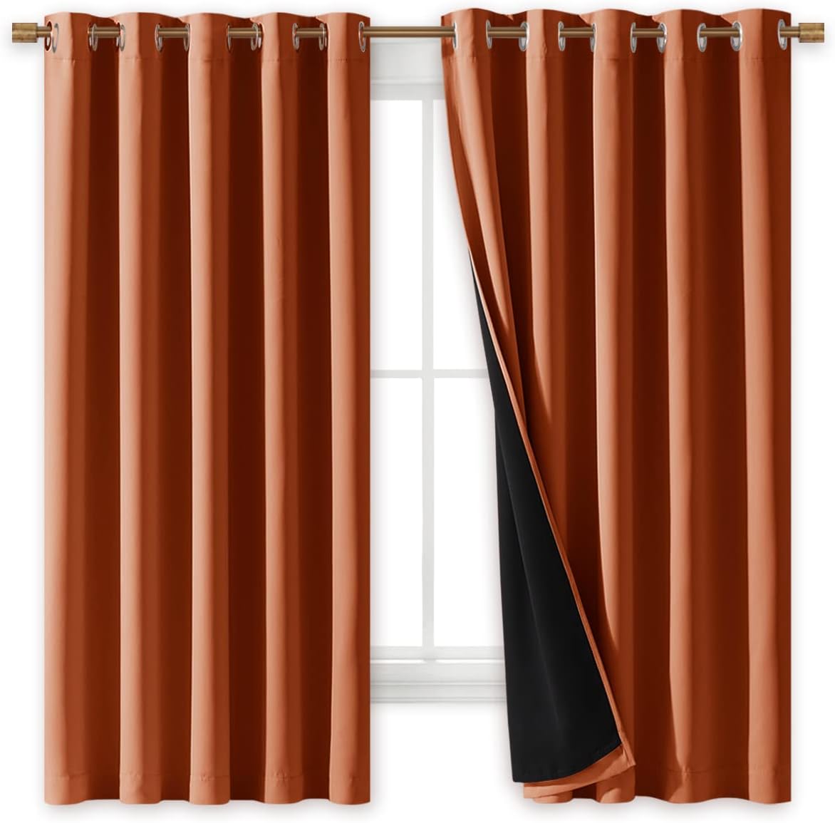 NICETOWN Burnt Orange 100% Blackout Lined Curtains, 2 Thick Layers Completely Blackout Window Treatment Thermal Insulated Drapes for Kitchen/Bedroom (1 Pair, 70" Width x 63" Length Each Panel)