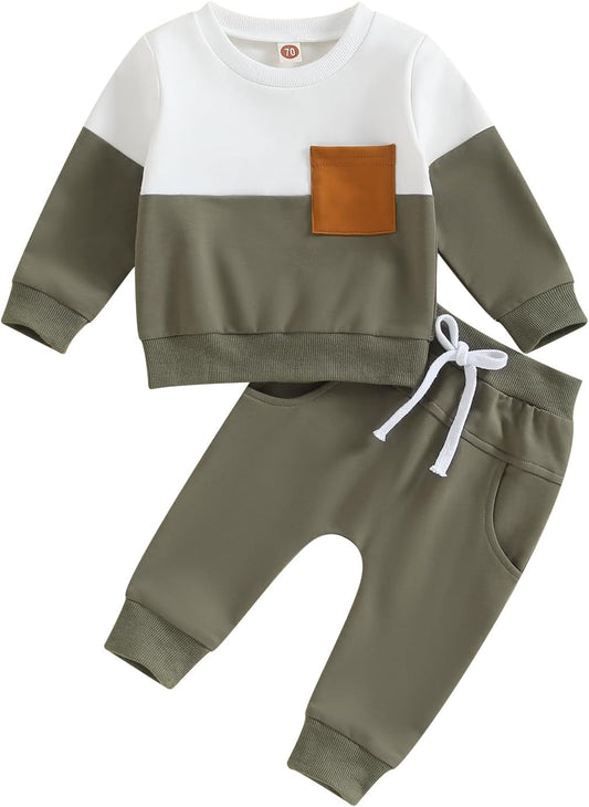 Kupretty Toddler Baby Boy Fall Winter Clothes Color Block Long Sleeve Sweatshirt Pullover Tops + Joggers Pants Outfit Set