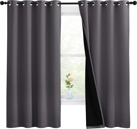 NICETOWN 100% Blackout Curtains with Black Liners, Thermal Insulated Full Blackout 2-Layer Lined Drapes, Energy Efficiency Window Draperies for Bedroom (Grey, 2 Panels, 55-inch W by 68-inch L)