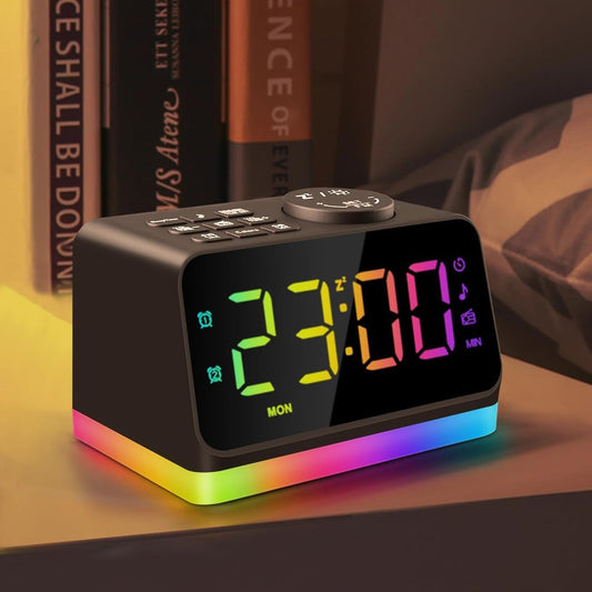JALL Digital Alarm Clock with FM Radio for Bedroom, 8 Colors Night Light with Charging Port, Sleep Sound Machines with Timer, Dual Alarm (Black with RGB Font)