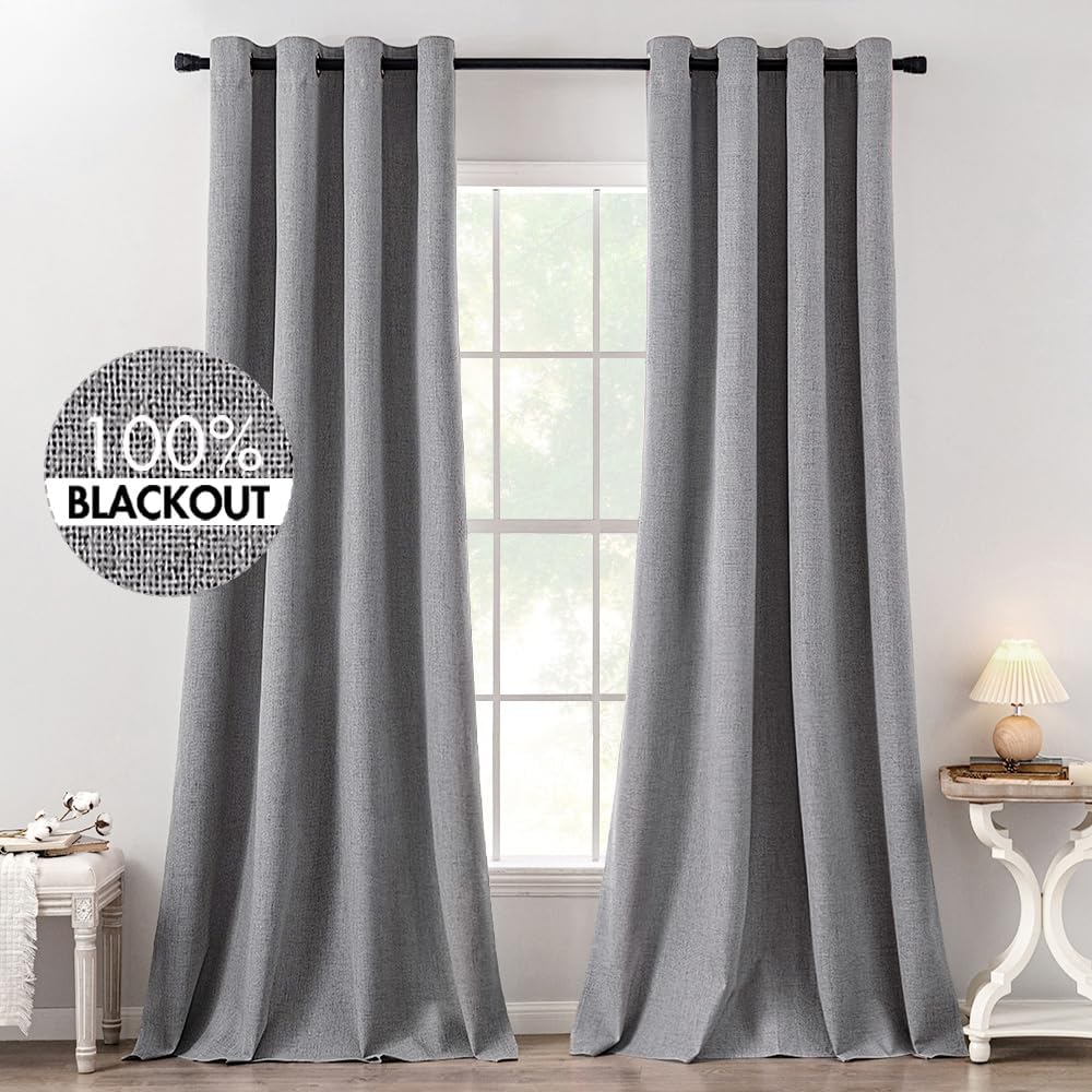 MIULEE Linen Texture Curtains for Bedroom Solid 100% Blackout Thermal Insulated Grey Curtains Grommet Room Darkening Curtains/Draperies Luxury Decor for Living Room Nursery 52x120 Inch (2 Panels)