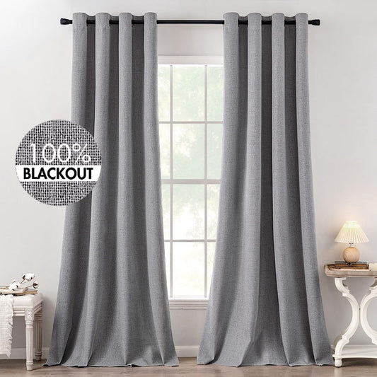 MIULEE Linen Texture Curtains for Bedroom Solid 100% Blackout Thermal Insulated Grey Curtains Grommet Room Darkening Curtains/Draperies Luxury Decor for Living Room Nursery 52x120 Inch (2 Panels)
