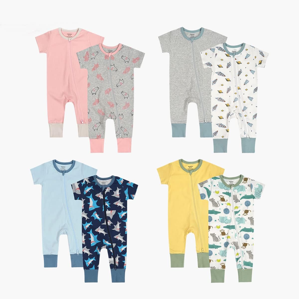 Teach Leanbh Baby Boys Girls 2 Pack 2 Way Zipper Footless Pajamas Cotton Short Sleeve Printing Romper Sleep and Play