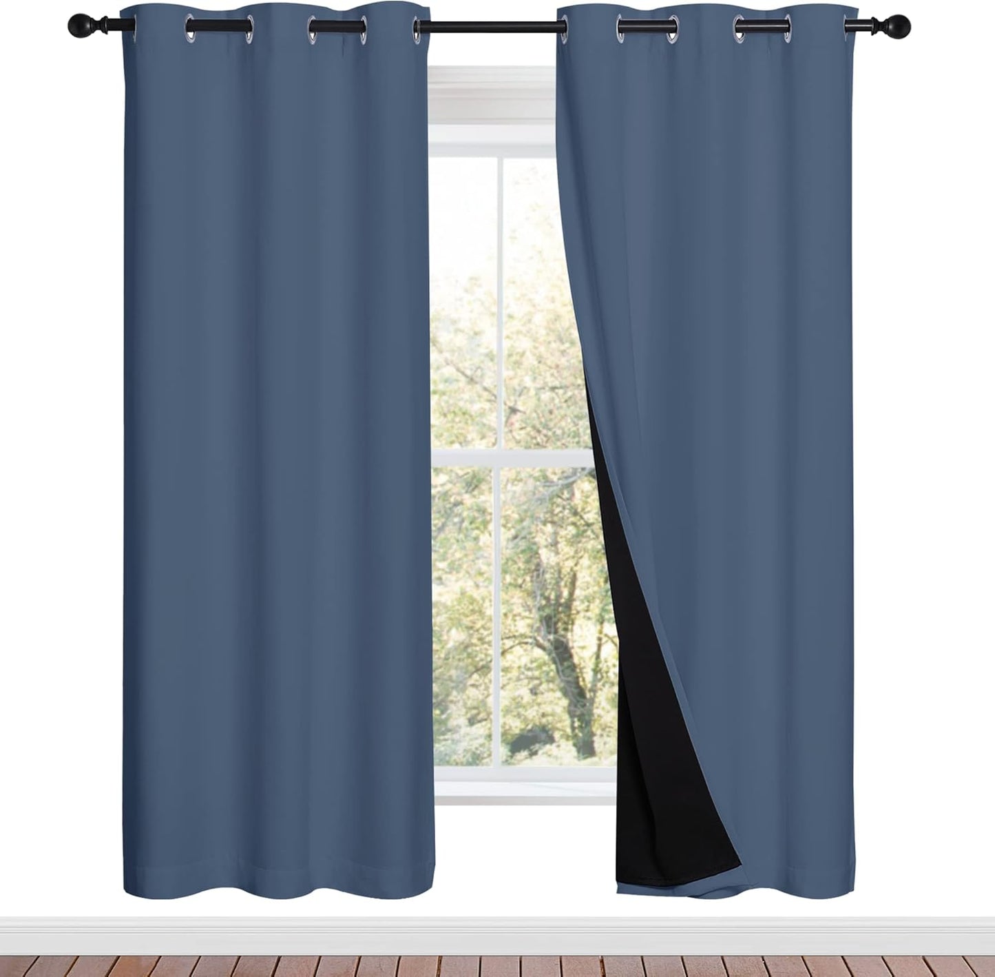 NICETOWN 100% Blackout Curtains Thermal, Stone Blue, 1 Pair, W37 x L70, Noise Reduction and Privacy Curtains for Patio Door, Black Lined Blackout Drapes with Grommet Top
