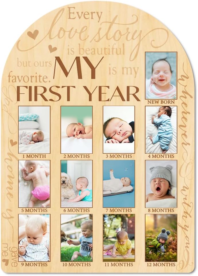 ORIGACH My First Year Baby Growth Photo Display Wood Board - 12 Months Newborn Milestones Photo Board - Neutral Baby Keepsake Board 1st Birthday Party Nursery Decor New Mom Gift - Sentiment Words