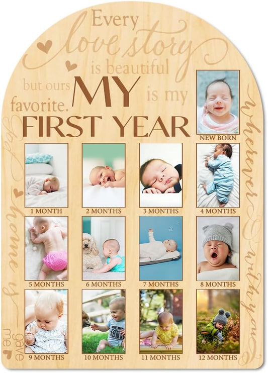ORIGACH My First Year Baby Growth Photo Display Wood Board - 12 Months Newborn Milestones Photo Board - Neutral Baby Keepsake Board 1st Birthday Party Nursery Decor New Mom Gift - Sentiment Words
