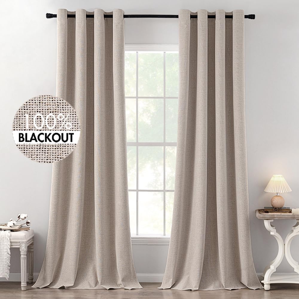 MIULEE Linen Texture Curtains, 2 Pack Blackout Thermal Insulated Khaki, 52x120 Inch Grommet Room Darkening Curtains/Draperies for Bedroom, Living Room, Nursery