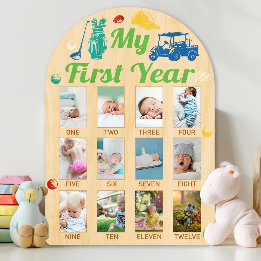 ORIGACH My First Year Baby Growth Photo Display Wood Board - 12 Months Newborn Milestones Photo Board - Neutral Baby Keepsake Frame 1st Birthday Party Nursery Decor New Mom Gift - Golf Element
