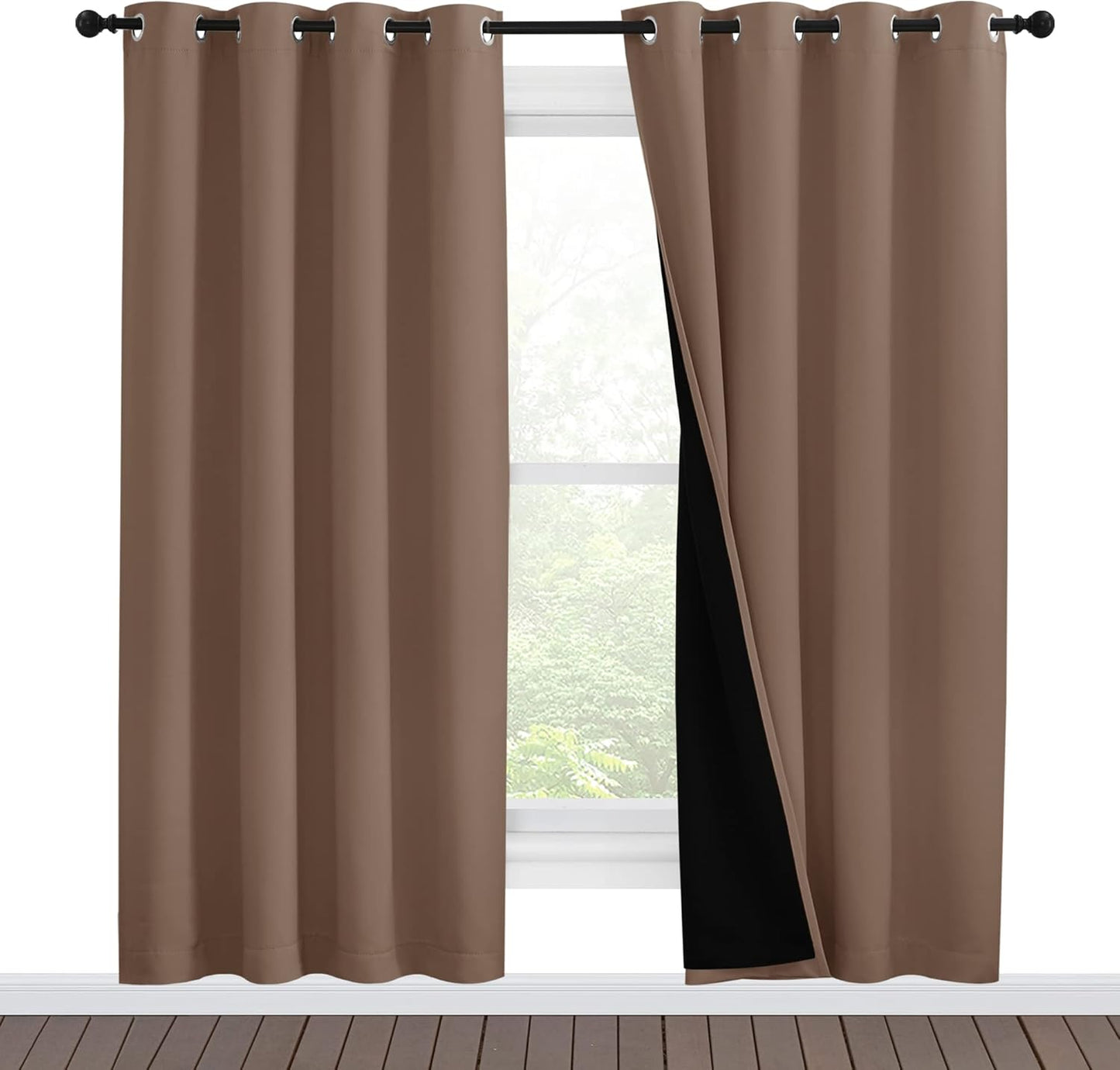 NICETOWN Living Room Completely Shaded Draperies, Privacy Protection & Noise Reducing Ring Top Drapes, Black Lined Insulated Window Treatment Curtain Panels(Cappuccino, 2 Pieces, W55 x L78)