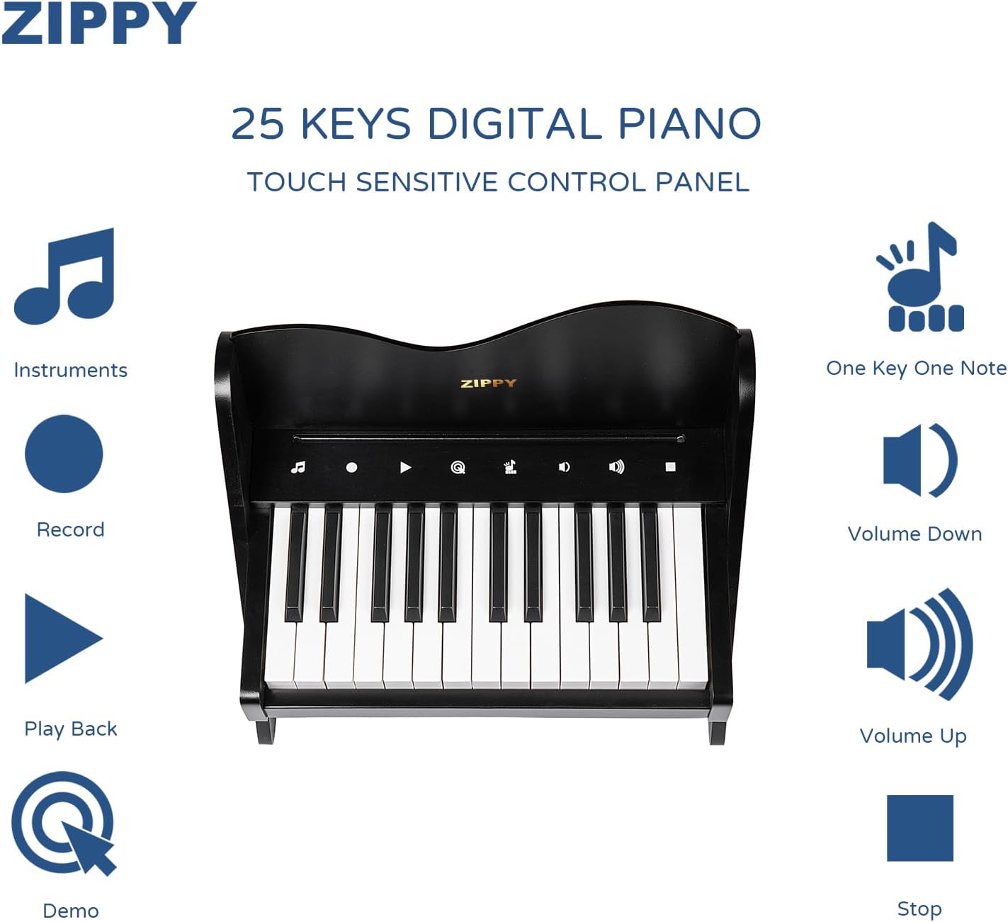 ZIPPY Kids Piano Keyboard, 25 Keys Digital Piano for Kids, Touch Sensitive Control Panel, Volume Adjustable, Mini Music Educational Instrument Toy, Wood Toy for Toddlers Girls Boys (Black)