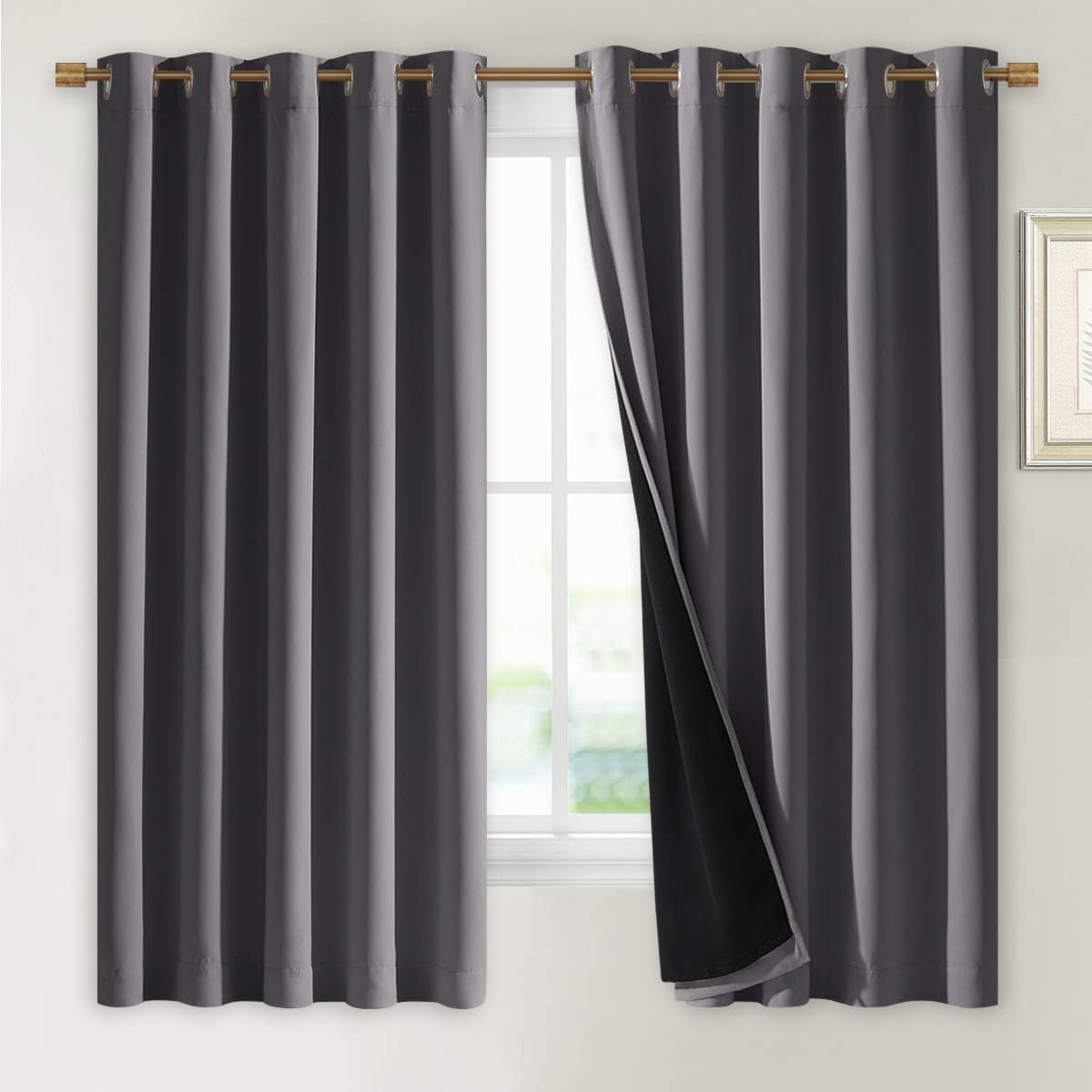 NICETOWN 100% Blackout Curtains with Black Liners, Thermal Insulated Full Blackout 2-Layer Lined Drapes, Energy Efficiency Window Draperies for Bedroom (Grey, 2 Panels, 70-inch W by 63-inch L)