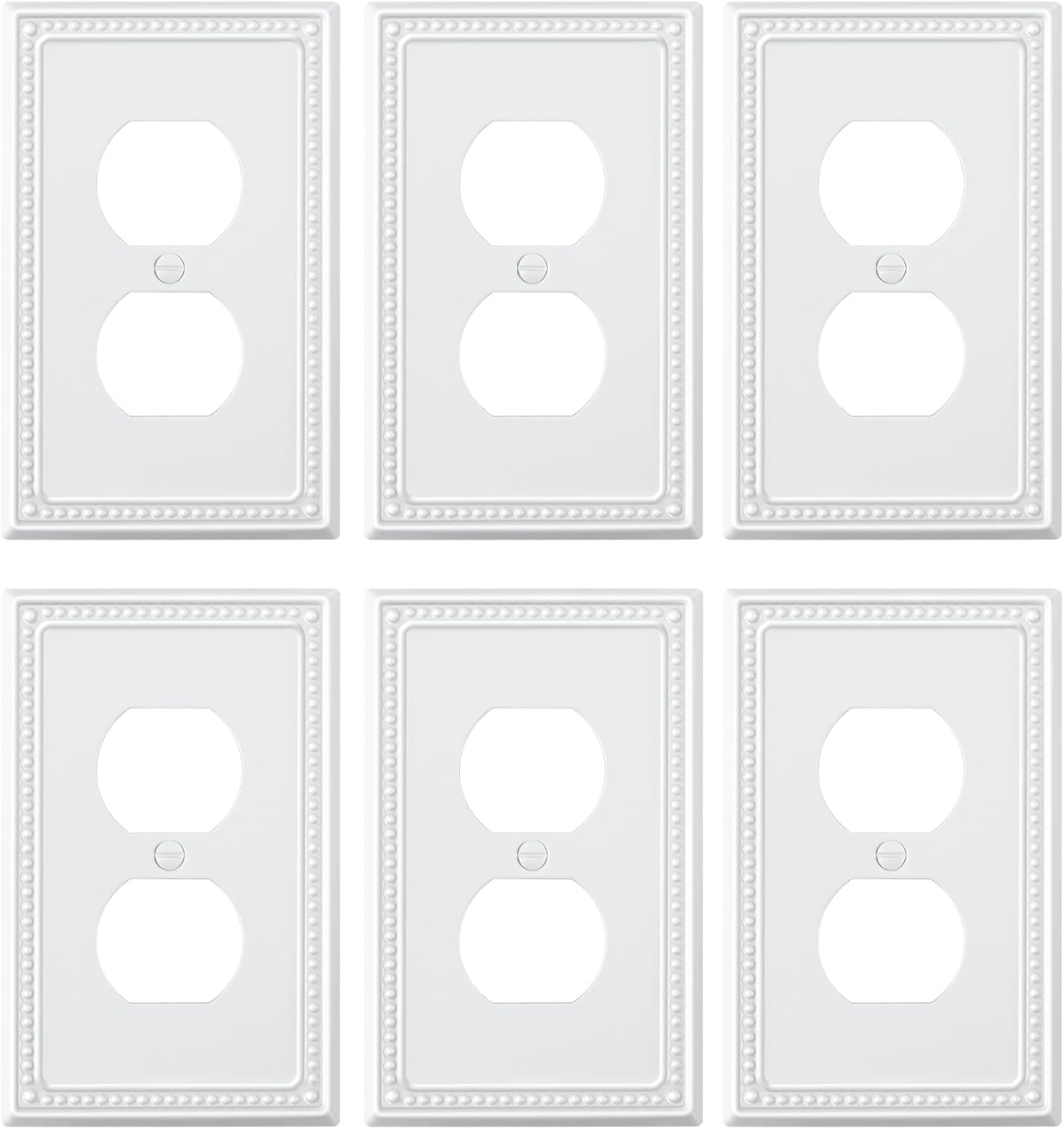 6-Pack Duplex Outlet Cover Plate, Pure White Metal Wall Plates for Electrical Outlets, 1 Gang Receptacle Light Switch Cover, Pearls Decorative Switch Plates and Outlet Covers