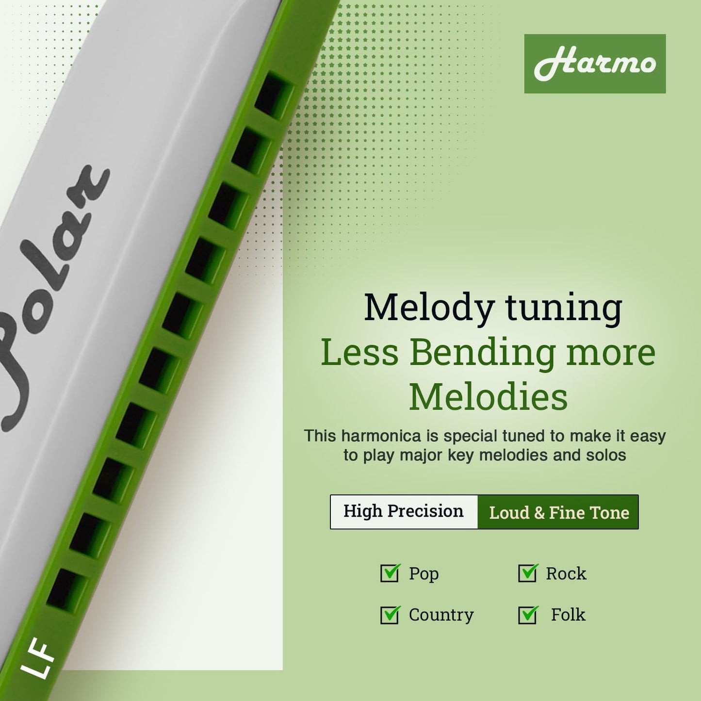 Polar Diatonic Melody Tuned Harmo Harmonica Key of LF - Special Tuning for Easy Melodies in Cross Harp, 2 Octaves Without Bends, Loud & Responsive with Smooth Edges - USA-Checked