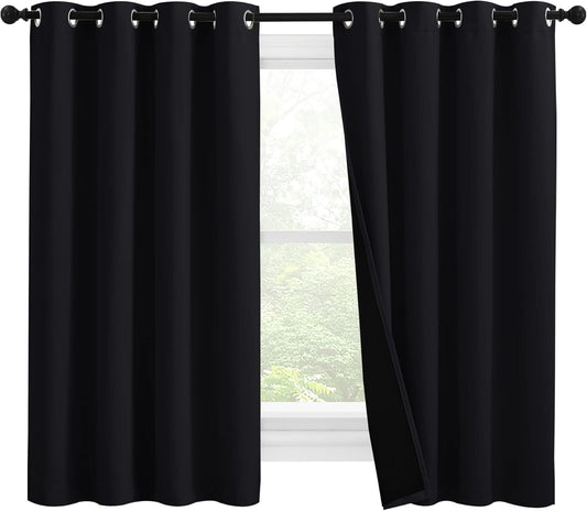 NICETOWN Truly Blackout Curtains 57 inches Length, 2 Thick Layers Completely Blackout Window Treatment Thermal Insulated Lined Drapes for Basement Window (Black, 1 Pair, 55 inches Width Each Panel)