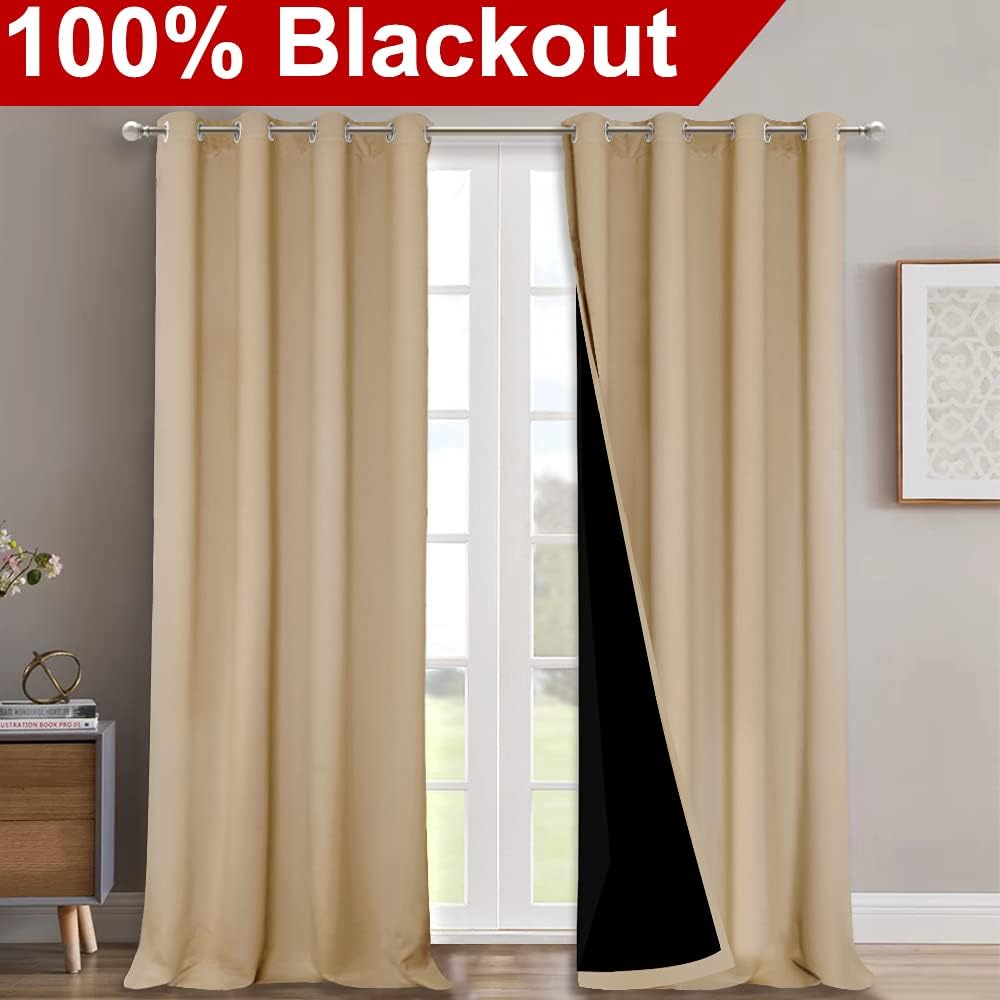 NICETOWN Full Shading Curtains 90 inches Long 2 Panels Set for Windows, Super Heavy-Duty Black Lined Blackout Curtains for Bedroom, Privacy Assured Window Treatment (Biscotti Beige, 52 inches W)