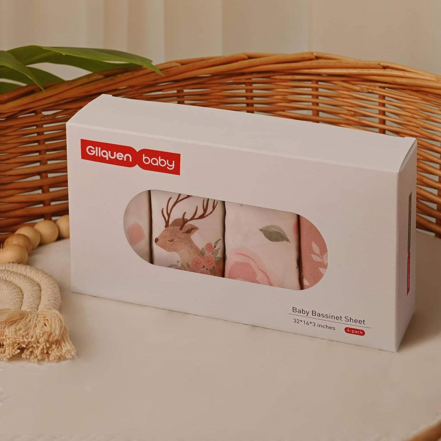 Gllquen Baby Bassinet Sheets 4 Pack, Breathable Cozy Fitted Mattress Sheet, Elastic Travel Crib Fashionable Floral Pattern, Standard Cradle Safe Sheets for Baby Boys Girls 32"x16"(Deer & Rose)