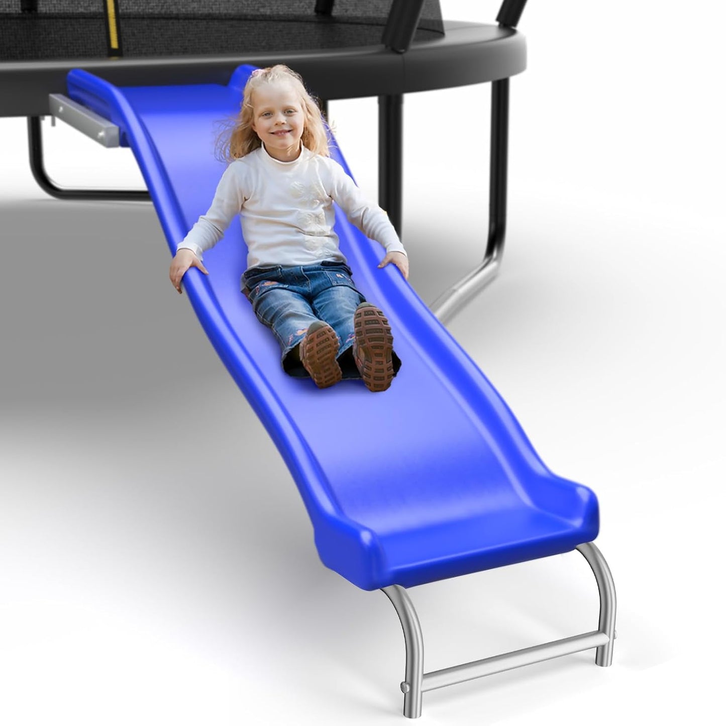 Heavy Duty Plastic Trampoline Slide with Support Frame for 8-16FT, Outdoor Plastic Slide for Trampoline, Adjustable Safer Trampoline Ladder for Kids 6+, 220 LBs Capacity, Blue