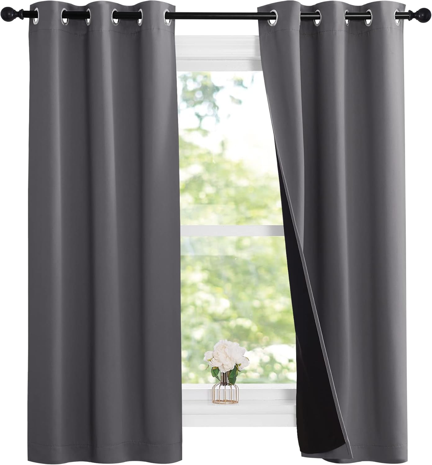 NICETOWN 100% Blackout Short Curtains with Black Liners, Solid Thermal Insulated Full Blackout 2-Layer Lined Drapes, Energy Efficiency Window Draperies for Bedroom (2 Panels, 37" W by 63" L, Grey)