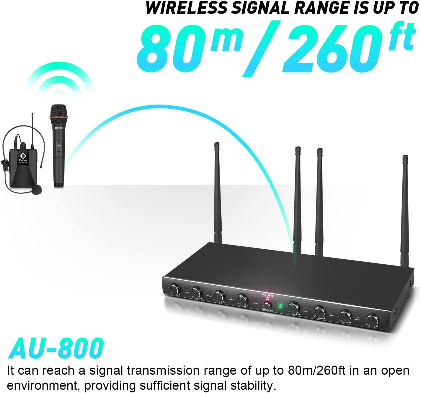 D Debra Audio AU800 Pro UHF 8 Channel Wireless Microphone System with Cordless Handheld Lavalier Headset Mics, Metal Receiver, Ideal for Karaoke Church Party (8 Handheld)