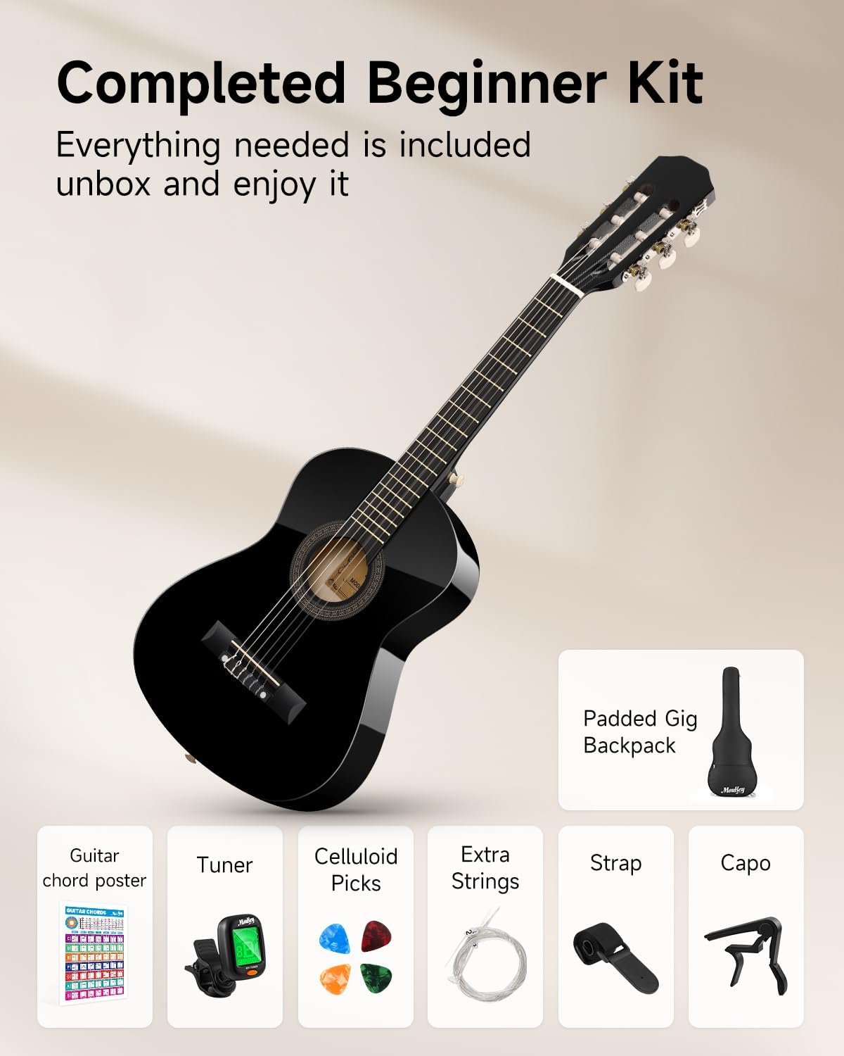 Moukey 30" Acoustic Guitar for Beginners Kids Youth 1/4 Size Dreadnought Guitarra Acustica Kit with Chord Poster, Gig Bag, Tuner, Picks, Nylon Strings, Capo, Strap - Black