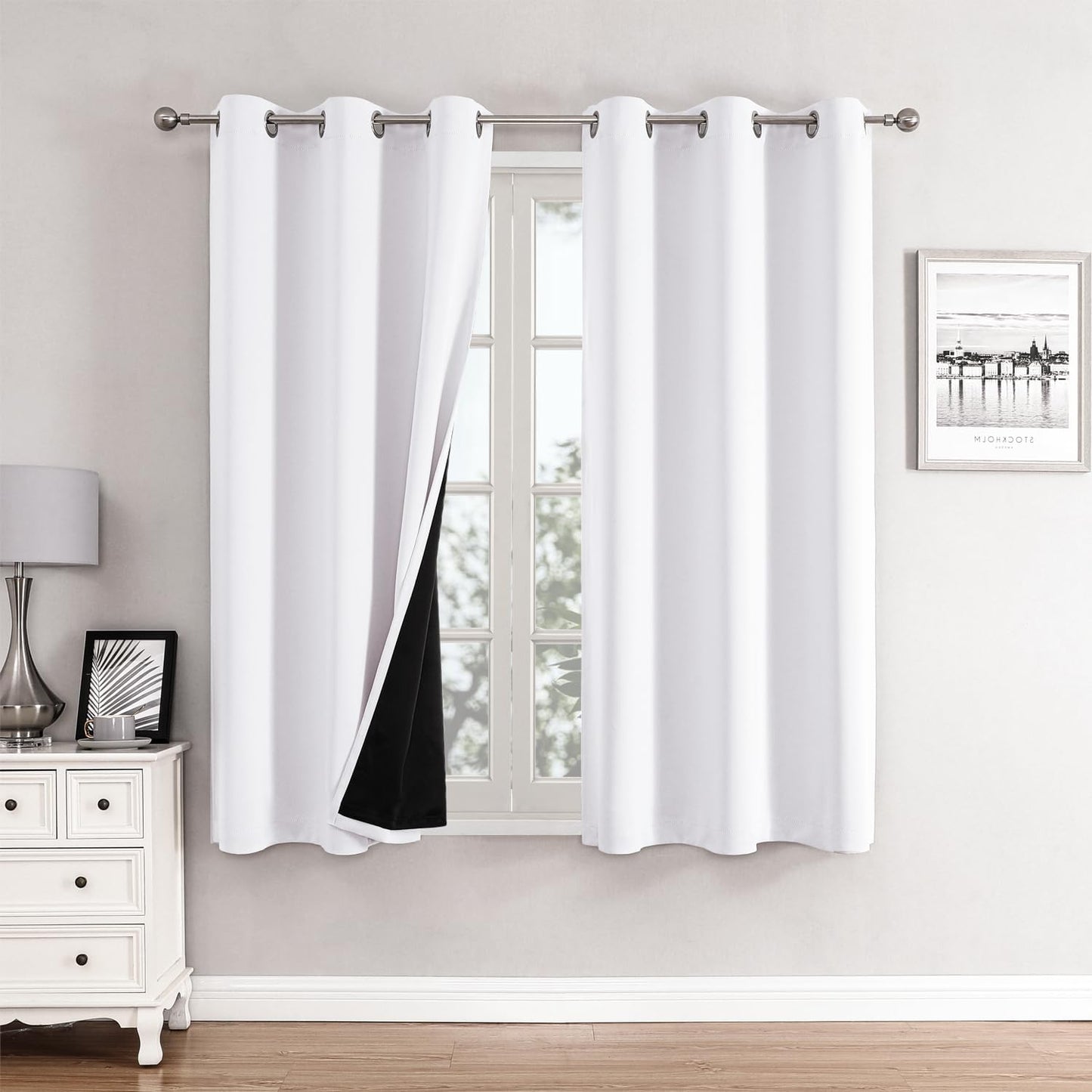 ChrisDowa 100% Blackout Curtains 63 inch Long for Bedroom with Black Liner, 2 Thick Layers Total Blackout Thermal Insulated Grommet Window Curtains 2 Panels Set (Pure White, 38 x 63 Inch)