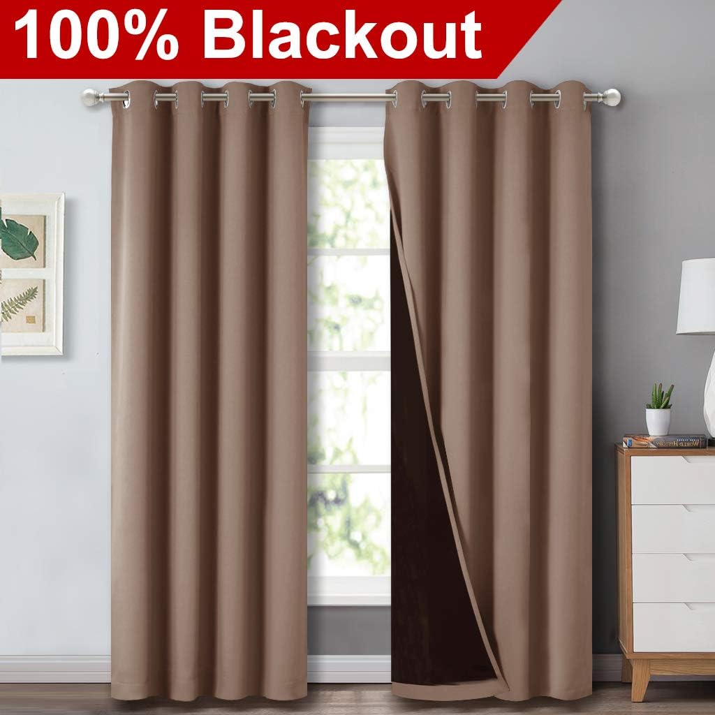 NICETOWN Cold Blocking Curtains, 100% Blackout Curtains Thermal, Noise Reduction and Privacy Curtains for Patio Door, Black Lined Blackout Drapes with Grommet Top, Cappuccino, 1 Pair, W52 x L84