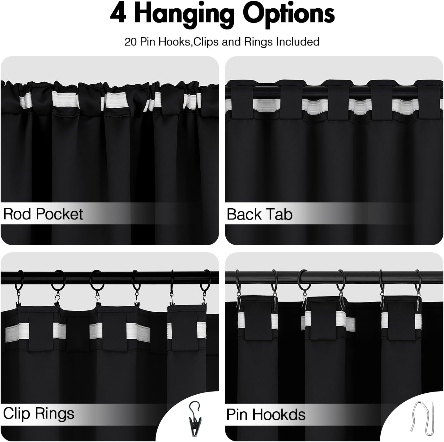 ANRODUO Back Tab Blackout Curtains for Bedroom Living Room, Rod Pocket Pinch Pleated Thermal Insulated Room Darkening Curtains 102 Inches Long 2 Panels, Black, 52 x 102 Inch