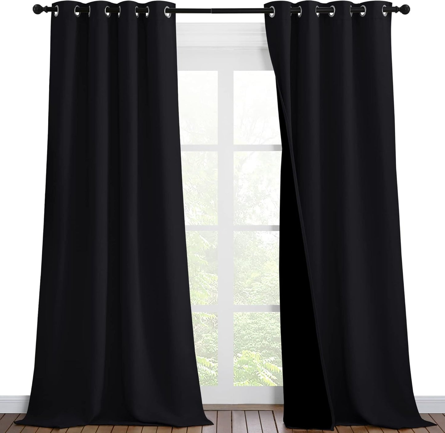 NICETOWN Extra Long Truly Blackout Drapes for Hall and Villa, 46-inch Width Each Panel, 96-inch Length, Black, 2 Pieces, 100% Blackout Window Curtain Panels with Black Lined for Night Shift Worker