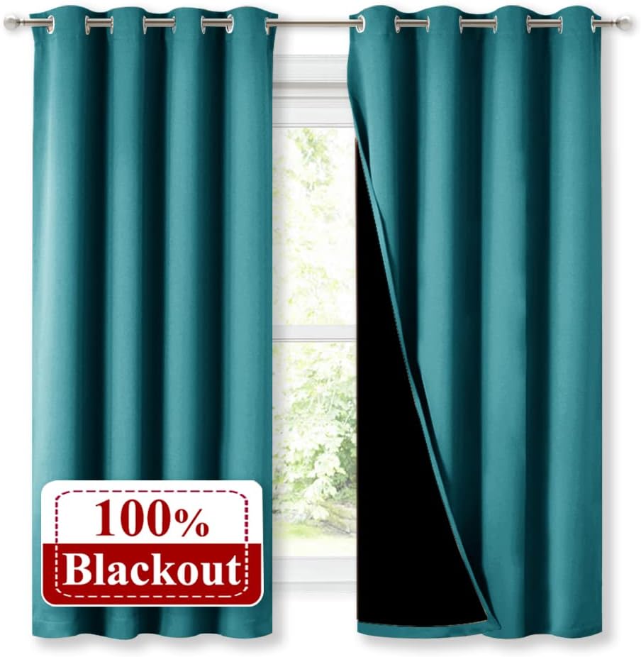 NICETOWN 100% Blackout Curtains with Black Liner, Thermal Insulated Full Blackout 2-Layer Lined Drapes, Energy Efficiency Window Draperies for Bedroom (Peacock Teal, 2 Panels, 52-inch W by 63-inch L)