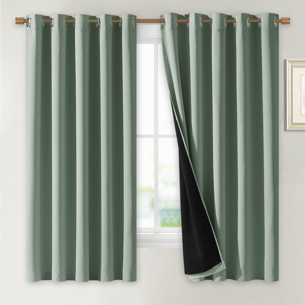 NICETOWN Greyish Green 100% Blackout Lined Curtains, 2 Thick Layers Completely Blackout Window Treatment Thermal Insulated Drapes for Kitchen/Bedroom (1 Pair, 70" Width x 63" Length Each Panel)