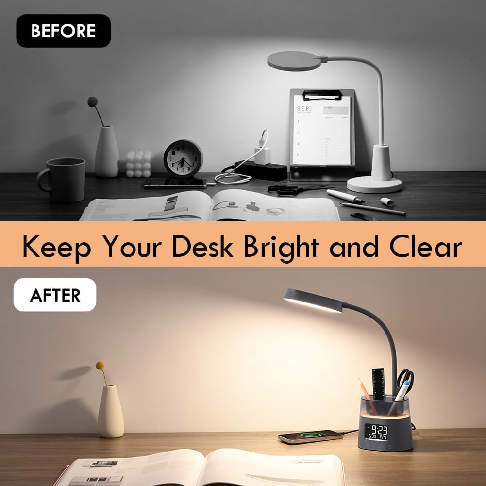 WILIT LED Desk Lamp for College Dorm Room Essentials, Students Study Lamp with Charging Station, Pen Holder, Clock & RGB Night Light, Office Desk Accessories, Table Lamp for Bedroom - Gray