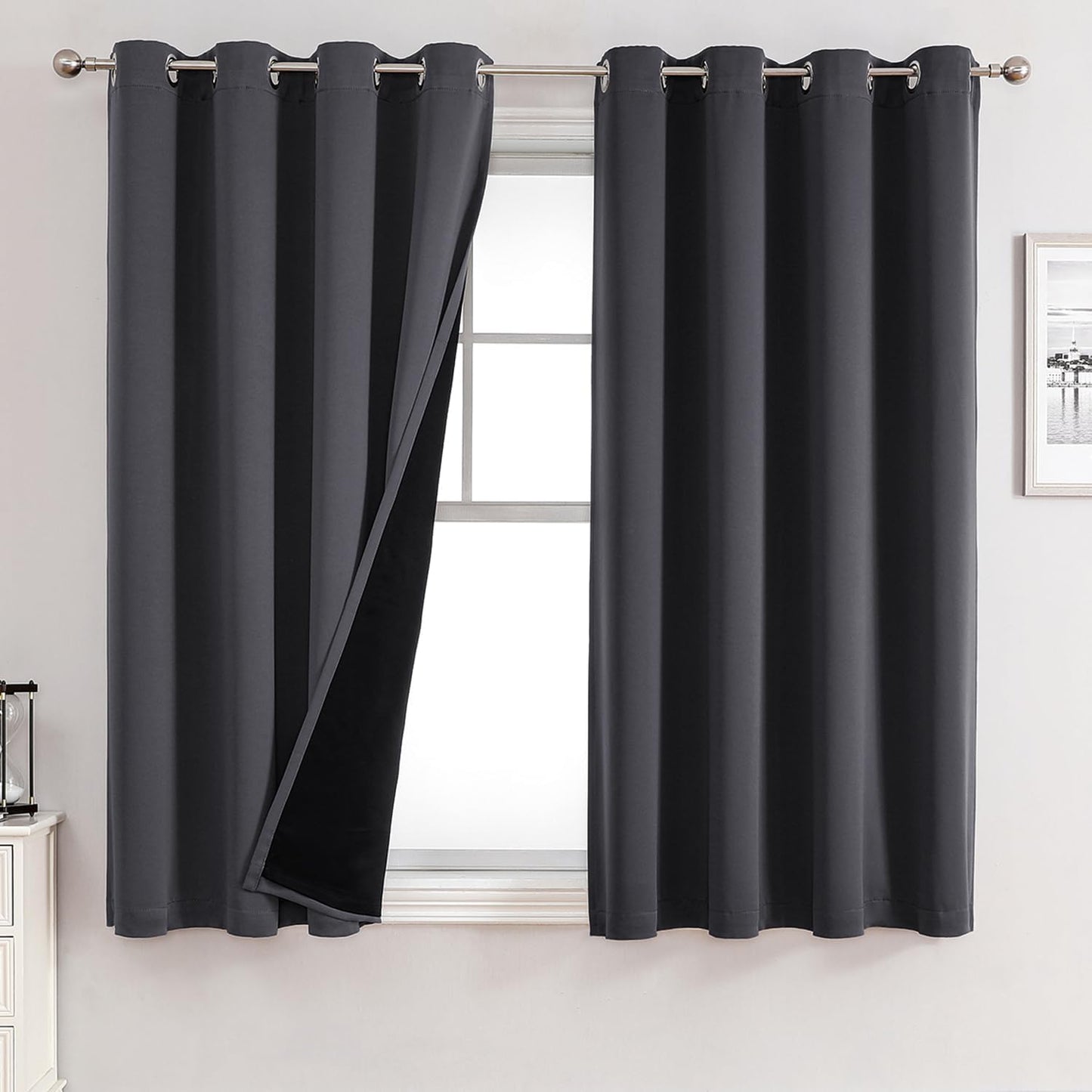 ChrisDowa 100% Blackout Curtains for Bedroom with Black Liner, 2 Thick Layers Total Blackout Thermal Insulated Grommet Small Window Curtains 54 Inch Long 2 Panels Set (Dark Grey, 52 x 54 Inch)