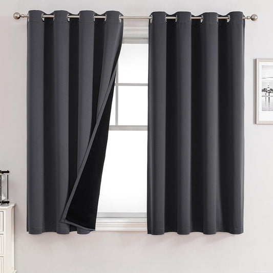 ChrisDowa 100% Blackout Curtains for Bedroom with Black Liner, 2 Thick Layers Total Blackout Thermal Insulated Grommet Window Curtains 63 Inch Length 2 Panels Set (Dark Grey, 52 x 63 Inch)
