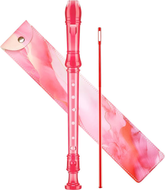 Soprano Recorder Instrument for Kids Beginners Student German Fingering C Key Recorder Instrument 3 Piece with Cleaning Rod and Bag Fingering Chart(Crystal Pink)