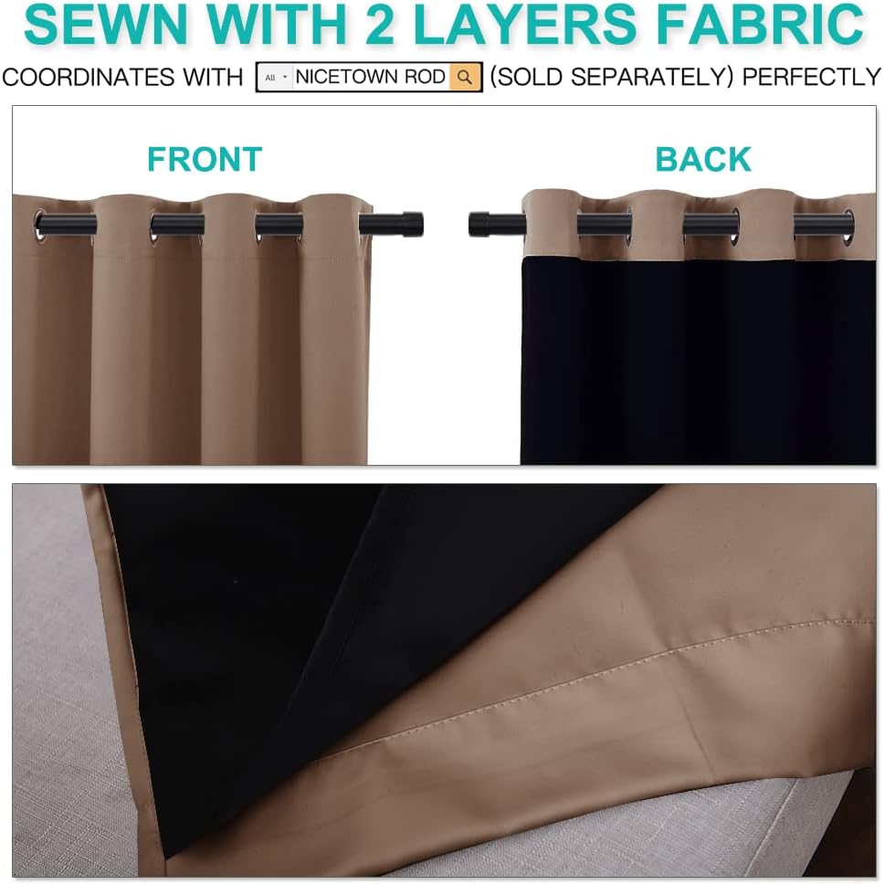 NICETOWN Extra Long Truly Blackout Drapes for Hall and Villa, 100% Blackout Window Curtain Panels with Black Lined for Night Shift Worker, 70-inch Width x 108-inch Length, Cappuccino, 2 Pieces