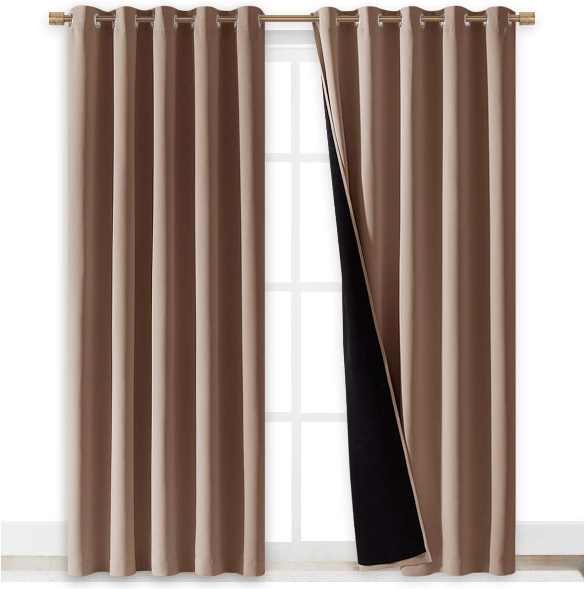 NICETOWN Warm Curtains for Winter, 100% Blackout Curtains Thermal, Noise Reduction and Privacy Curtains for Patio Door, Black Lined Blackout Drapes with Grommets, Cappuccino, 1 Pair, W70 x L84