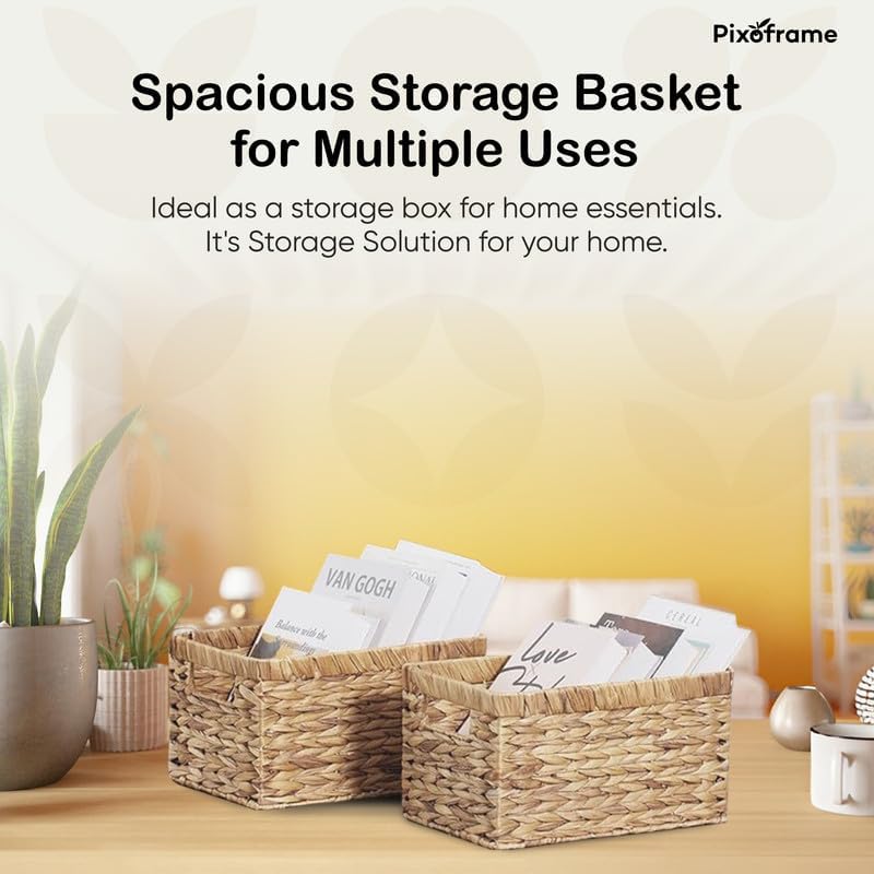 Large Rectangular Handwoven Wicker Basket - Natural Water Hyacinth Storage Baskets with 2 Built-in Handles - Ideal for Towel, Blankets, and Home Organizer & Decor - 15"x 11"x6.75" - Brown